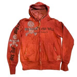 RARE The Great China Wall Los Angeles Skull Crystal Hoodie Size Small